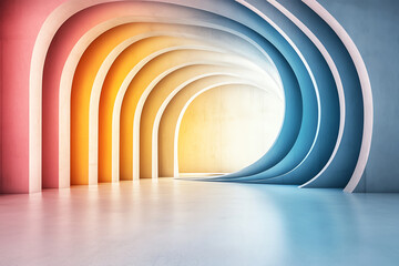 Poster - A vibrant abstract interior with smooth curves and colorful gradients, creating a sense of depth and modern aesthetics.