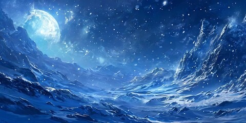 Poster - A beautiful blue sky with a full moon and snow-covered mountains