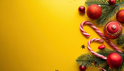 Christmas background with fir tree branches, candy canes and red balls on yellow background. copy space for your desing