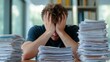 © fotogurme - Person sitting at a table overwhelmed by stacks of mail, magazines, and unnecessary papers, representing excess paper clutter