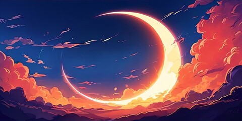 A beautiful, colorful, and serene sky with a large, glowing crescent moon