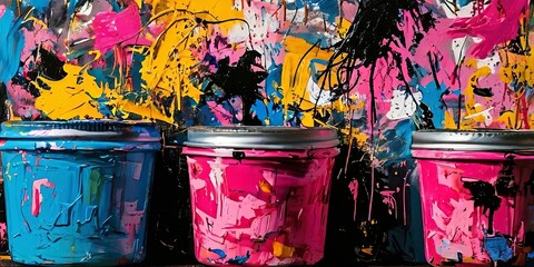 Aufkleber - Three paint cans are splattered with paint, creating a colorful