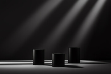 Poster - Minimalistic black objects cast striking shadows, illuminated by soft beams of light, creating a dramatic and modern atmosphere.