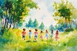 © peerasak - A vibrant watercolor painting of children running joyfully through a lush green field, surrounded by trees and bright sunlight.