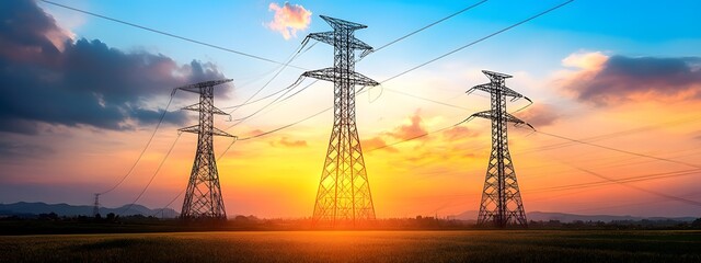 A beautiful sunrise over the countryside with power lines and a Flemish energy company's electric grid, energy storage facility