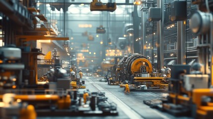 Poster - A futuristic industrial factory scene with machinery and workers in a vibrant, detailed environment.