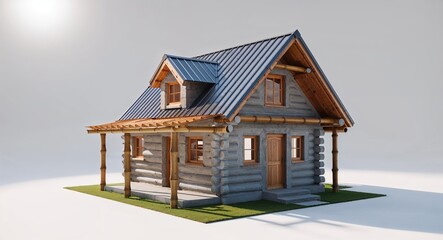 Cement log cabin house with bamboo accents and metal roof on plain white background