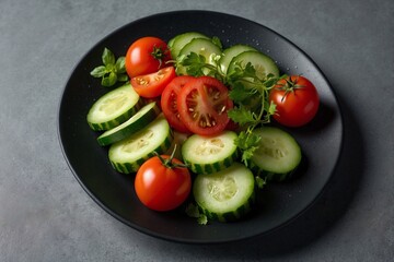 Elegant Black Plate with Fresh Cucumbers, Tomatoes, and Assorted Vegetables: A Culinary Delight