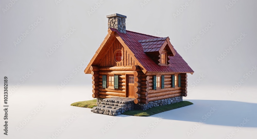 Mini model wooden log cabin house with stone steps on plain white ...