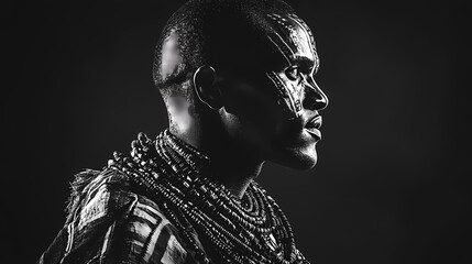 Wall Mural - Black and white photorealistic studio portrait of a maasai warrior on black background. generative ai illustration. Maasai Warriors. Illustration