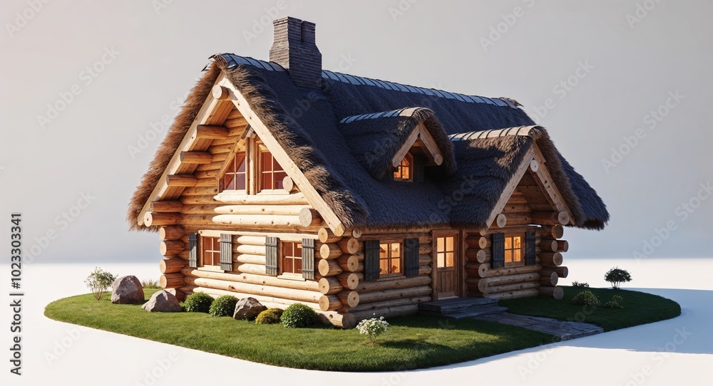 Wooden log cabin house model with thatched roof details on plain white ...