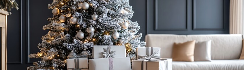 Wall Mural - Decorated Christmas tree with presents and a couch.