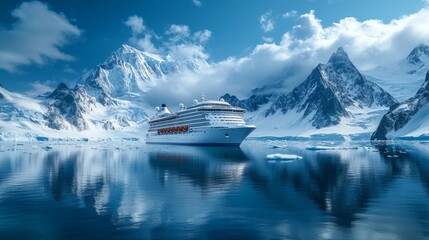 Aufkleber - A large cruise ship is sailing through the ocean near a mountain range