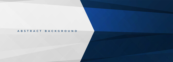 Poster - White and blue modern abstract wide banner with geometric shapes and arrow. Dark blue and white abstract background. Vector illustration