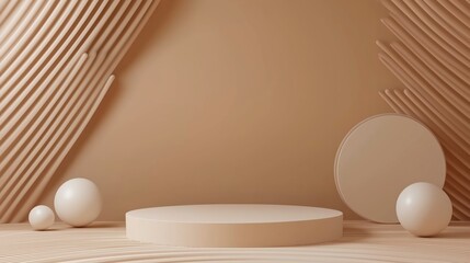 Poster - a minimalist design studio with soft beige tones and geometric shapes creating a serene display of f