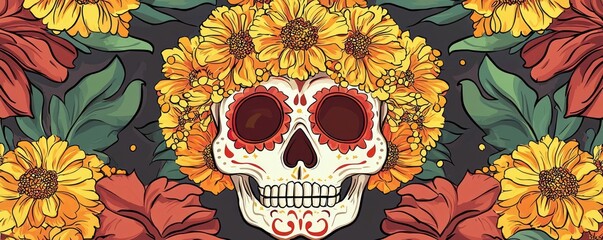 Wall Mural - Artistic skull design adorned with vibrant flowers, symbolizing life and death in a colorful celebration of nature's beauty.