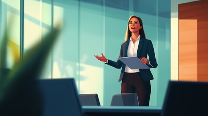 Poster - Professional businesswoman giving a presentation in a modern office setting during the morning