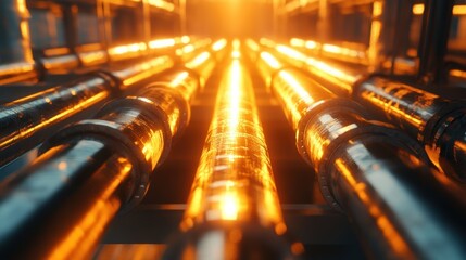 Poster - Close-up of illuminated pipes in an industrial setting, showcasing energy flow.