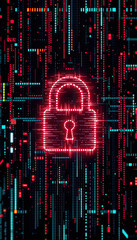 Poster - digital cyber security concept with glowing glitched padlock icon on advance tech circuit board background vertical photo format