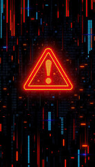 Poster - neon warning sign with exclamation mark against futuristic digital background technology cyber security concept vertical format