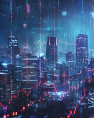 Poster - Futuristic Cityscape with Holographic Data Visualizations Symbolizing Business Growth and Success