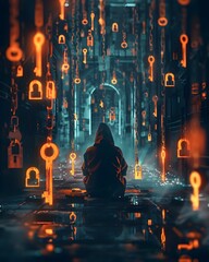 Poster - hacker surrounded by glowing locks and keys representing access to hidden information