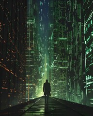 Canvas Print - Hacker Infiltrating a Virtual Cityscape Made of Glowing Digital Code and Data