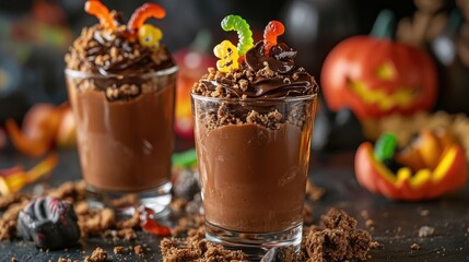 Wall Mural - Halloween themed dessert with chocolate mousse topped with cookie crumbs and gummy worms in glasses on a decorated table Close up