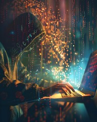 Aufkleber - hacker typing rapidly as digital symbols and numbers spiral out from keyboard forming complex patter