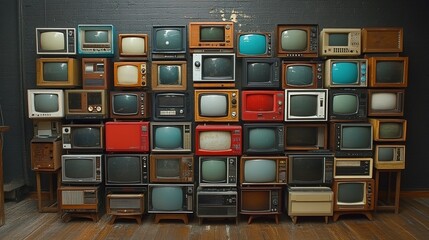 Wall Display of Vintage Television Sets and Radios