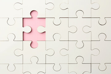 Sticker - White puzzle with missing piece on pink background, top view