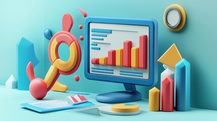 Poster - colorful 3d computer setup displaying colorful graphs and charts with vibrant geometric shapes on a 