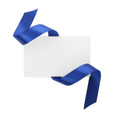 blank card and blue ribbon isolated on white, top view