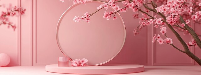 Poster - Elegant display of cosmetics with cherry blossom branches in a soft pink aesthetic setting at dawn