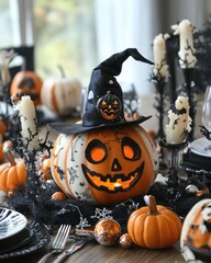 Canvas Print - Halloween tabletop decorations with pumpkins and festive elements