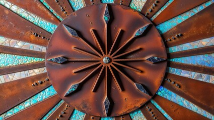 Sticker - Rustic metal sunburst design with turquoise and copper accents.