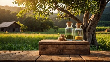  tree table wood podium in farm display for food generate ai