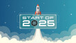 © salimacil - Red rocket launching into blue sky with white clouds, signboard with 'START OF 2025', new year, optimism and success.