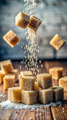 Falling sugar cubes, isolated on white background