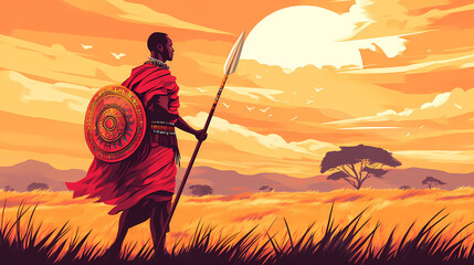 Wall Mural - Maasai warrior in traditional attire, standing against a backdrop of the african landscape, holding a spear and shield. generative ai. Maasai Warriors. Illustration