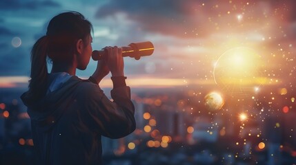 Businesswoman Gazing Through Telescope Towards Glowing Horizon Symbolic of Vision and Foresight for Business Success