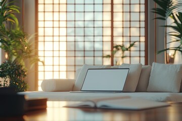 A Serene Workspace With a Laptop on a White Couch Illuminated by Soft Sunlight in a Cozy Room With Plants