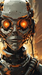 Poster - Futuristic robot with glowing orange eyes in a mechanical setting