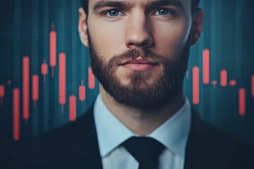 Poster - professional man with a beard in business attire, standing confidently in front of financial data ch