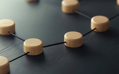 Poster - A close-up view of wooden connectors interlinked with black strings, illustrating network concepts, collaboration, and connectivity in modern design.