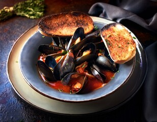 Wall Mural - Mussels in tomato sauce on a plate with fried baguette toast.