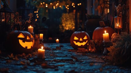 Wall Mural - halloween decorations with jack o lanterns and candles at night