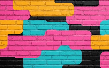 Poster - A vibrant wall featuring a mix of pink, orange, black, and turquoise geometric shapes, perfect for modern artistic backgrounds.