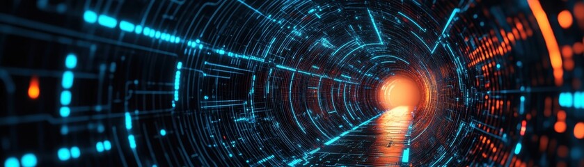 Poster - Futuristic tunnel with glowing blue and orange circuitry, creating a mesmerizing digital landscape. Perfect for technology and sci-fi themes.