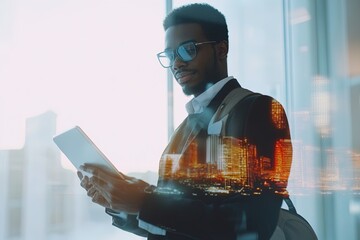 Professional Man Using Tablet While Dressed in Business Attire and Standing Near a Window With a City View During the Day